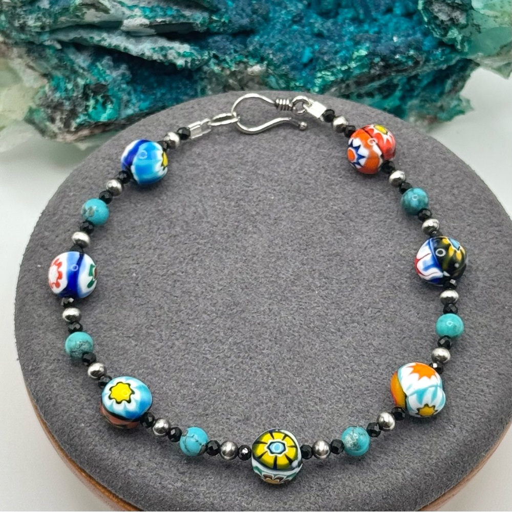 🩵REFINED Iranian Turquoise Millefiori Glass Spinel Sterling Bracelet🩵